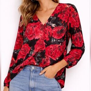 Rachel Zoe | Red Floral V-Neck Blouse on Black, Ptp 24"